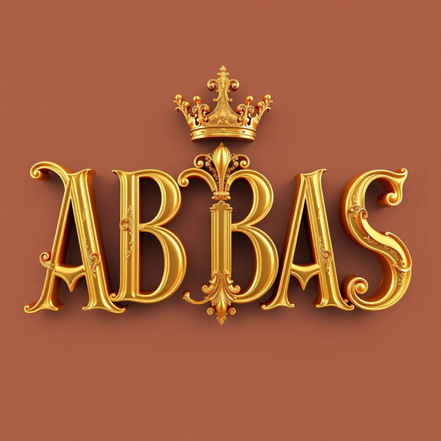 Create a stunning 3D representation of the word 'ABBAS' in an elegant royal style