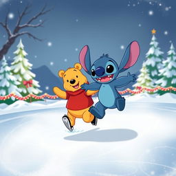 A whimsical illustration of Stitch and Winnie the Pooh skating together on a sparkling ice rink
