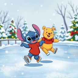 A whimsical illustration of Stitch and Winnie the Pooh skating together on a sparkling ice rink