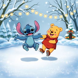 A whimsical illustration of Stitch and Winnie the Pooh skating together on a sparkling ice rink