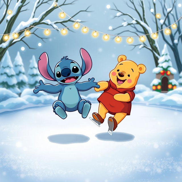 A whimsical illustration of Stitch and Winnie the Pooh skating together on a sparkling ice rink