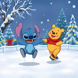 A whimsical illustration of Stitch and Winnie the Pooh skating together on a sparkling ice rink