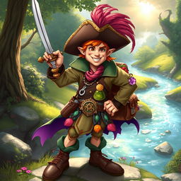 A swashbuckling male kender from the Dragonlance setting, wearing a colorful and flamboyant outfit with a feathered hat