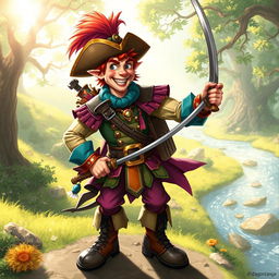A swashbuckling male kender from the Dragonlance setting, wearing a colorful and flamboyant outfit with a feathered hat