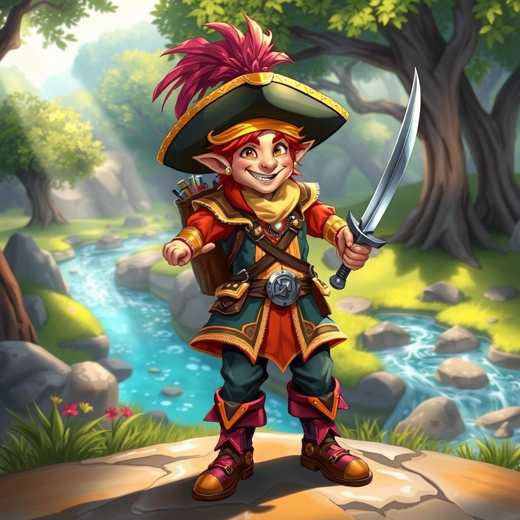 A swashbuckling male kender from the Dragonlance setting, wearing a colorful and flamboyant outfit with a feathered hat