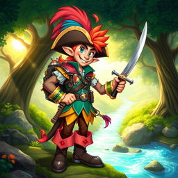A swashbuckling male kender from the Dragonlance setting, wearing a colorful and flamboyant outfit with a feathered hat