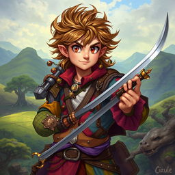 A swashbuckling male kender from the Dragonlance setting, wearing a colorful, flamboyant outfit with a mix of vibrant colors and patches