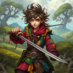 A swashbuckling male kender from the Dragonlance setting, wearing a colorful, flamboyant outfit with a mix of vibrant colors and patches