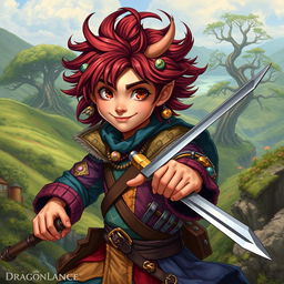 A swashbuckling male kender from the Dragonlance setting, wearing a colorful, flamboyant outfit with a mix of vibrant colors and patches