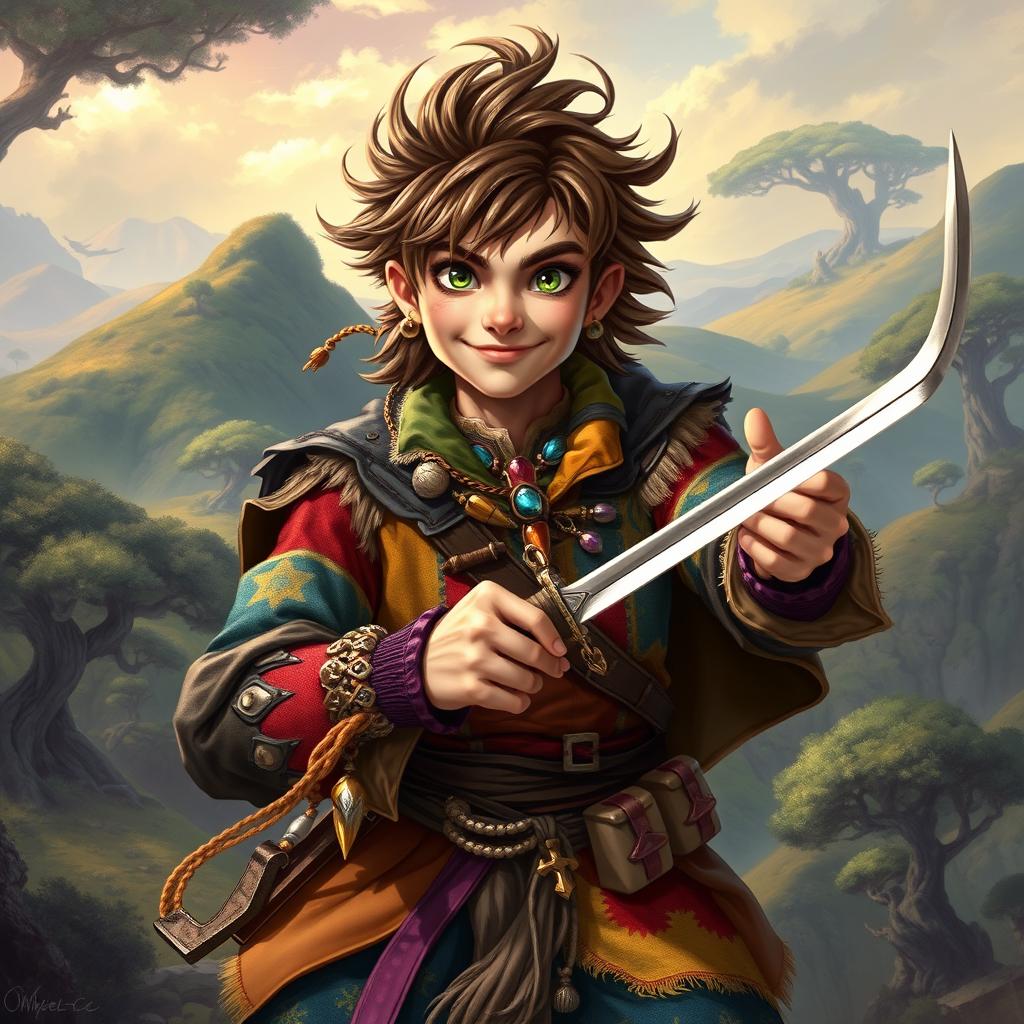 A swashbuckling male kender from the Dragonlance setting, wearing a colorful, flamboyant outfit with a mix of vibrant colors and patches
