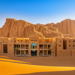 Daytime panorama of a traditional hotel in Siwa, showcasing its unique desert architecture framed against the bright blue sky, the shimmering oasis, and golden sand dunes.