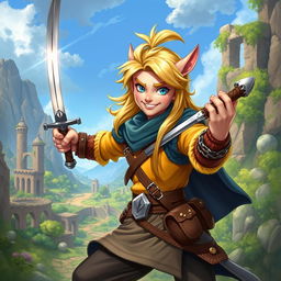 A swashbuckling male kender character inspired by the Dragonlance setting, featuring striking blond hair and a playful yet adventurous expression