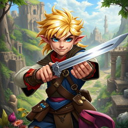 A swashbuckling male kender character inspired by the Dragonlance setting, featuring striking blond hair and a playful yet adventurous expression