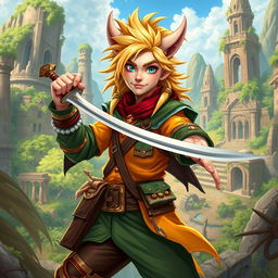 A swashbuckling male kender character inspired by the Dragonlance setting, featuring striking blond hair and a playful yet adventurous expression