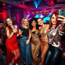 Four young women enjoying a vibrant night out in a stylish club, dressed in trendy outfits