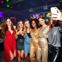 Four young women enjoying a vibrant night out in a stylish club, dressed in trendy outfits