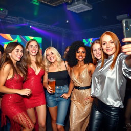 Four young women enjoying a vibrant night out in a stylish club, dressed in trendy outfits