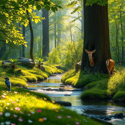 A serene forest scene bathed in soft morning sunlight, featuring a calm stream running through lush, green foliage