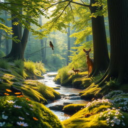 A serene forest scene bathed in soft morning sunlight, featuring a calm stream running through lush, green foliage