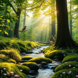 A serene forest scene bathed in soft morning sunlight, featuring a calm stream running through lush, green foliage