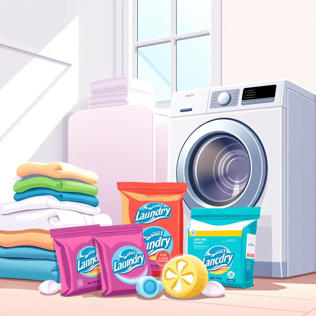 A bright and colorful illustration of various laundry pods displayed in a modern laundry room