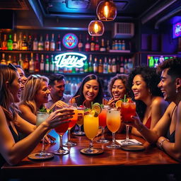 A vibrant and lively scene depicting a fun gathering of friends enjoying drinks at a lively bar during the evening