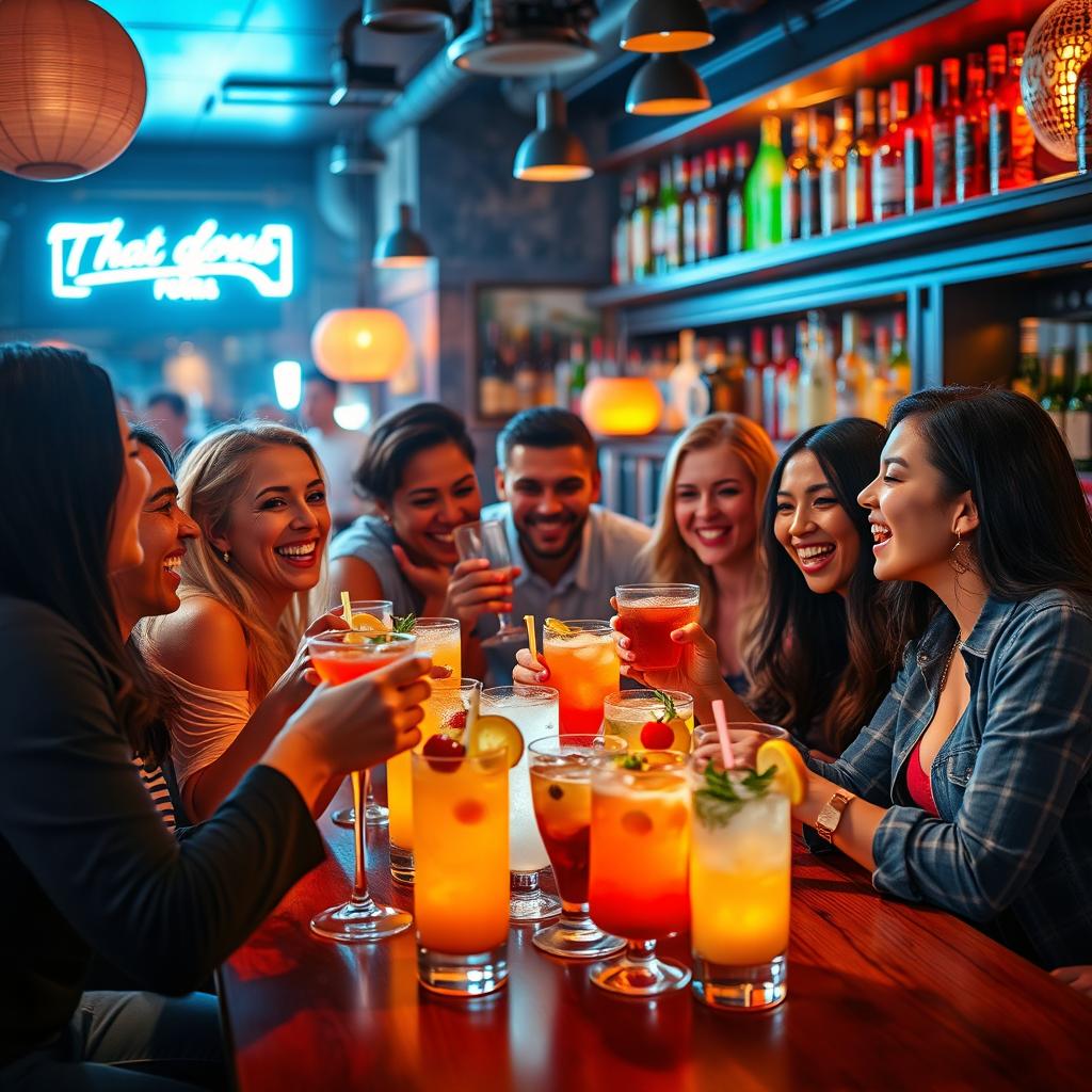 A vibrant and lively scene depicting a fun gathering of friends enjoying drinks at a lively bar during the evening