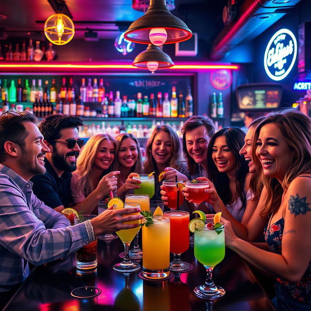 A vibrant and lively scene depicting a fun gathering of friends enjoying drinks at a lively bar during the evening