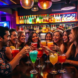 A vibrant and lively scene depicting a fun gathering of friends enjoying drinks at a lively bar during the evening