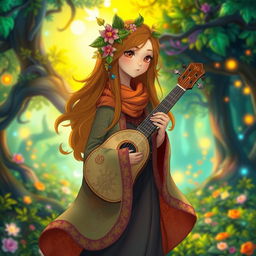 A whimsical, enchanting bard character inspired by Studio Ghibli aesthetics