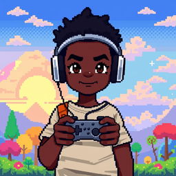 A pixel art depiction of a gamer with dark skin, facing forward