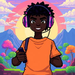 A pixel art depiction of a gamer with dark skin, facing forward