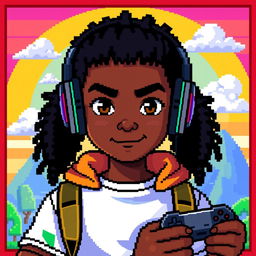 A pixel art depiction of a gamer with dark skin, facing forward