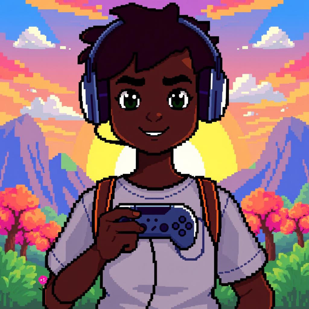 A pixel art depiction of a gamer with dark skin, facing forward