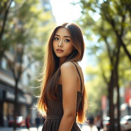 A portrait of a beautiful young woman with long flowing hair, wearing an elegant, stylish dress, standing confidently in an urban environment