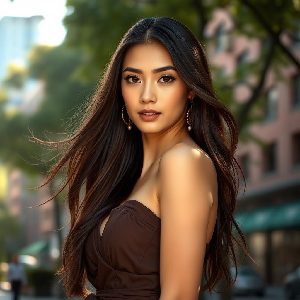 A portrait of a beautiful young woman with long flowing hair, wearing an elegant, stylish dress, standing confidently in an urban environment