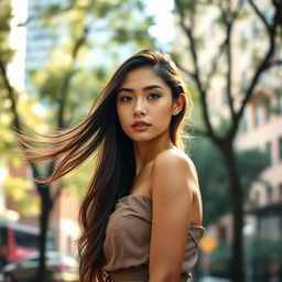 A portrait of a beautiful young woman with long flowing hair, wearing an elegant, stylish dress, standing confidently in an urban environment