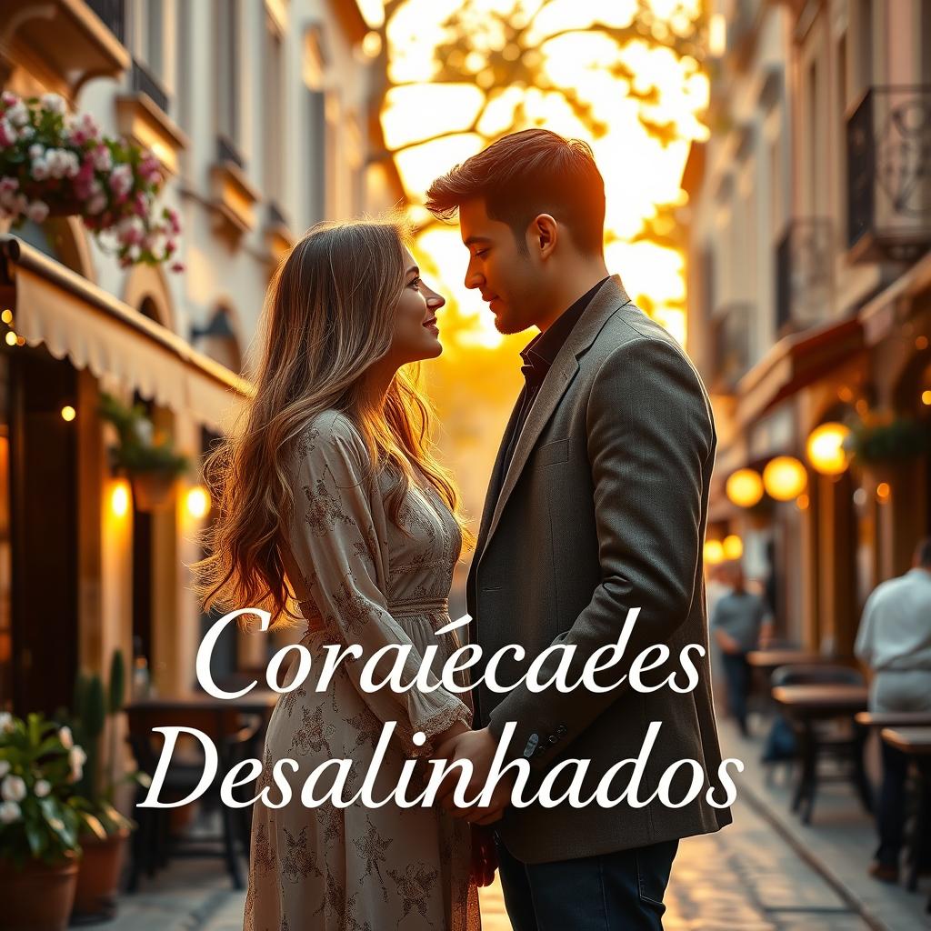 A romantic story titled 'Corações Desalinhados' (Misaligned Hearts), featuring a picturesque European street under a soft, golden sunset