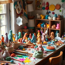 A creative workspace filled with colorful clay sculptures and handmade clay crafts