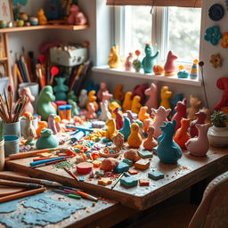 A creative workspace filled with colorful clay sculptures and handmade clay crafts