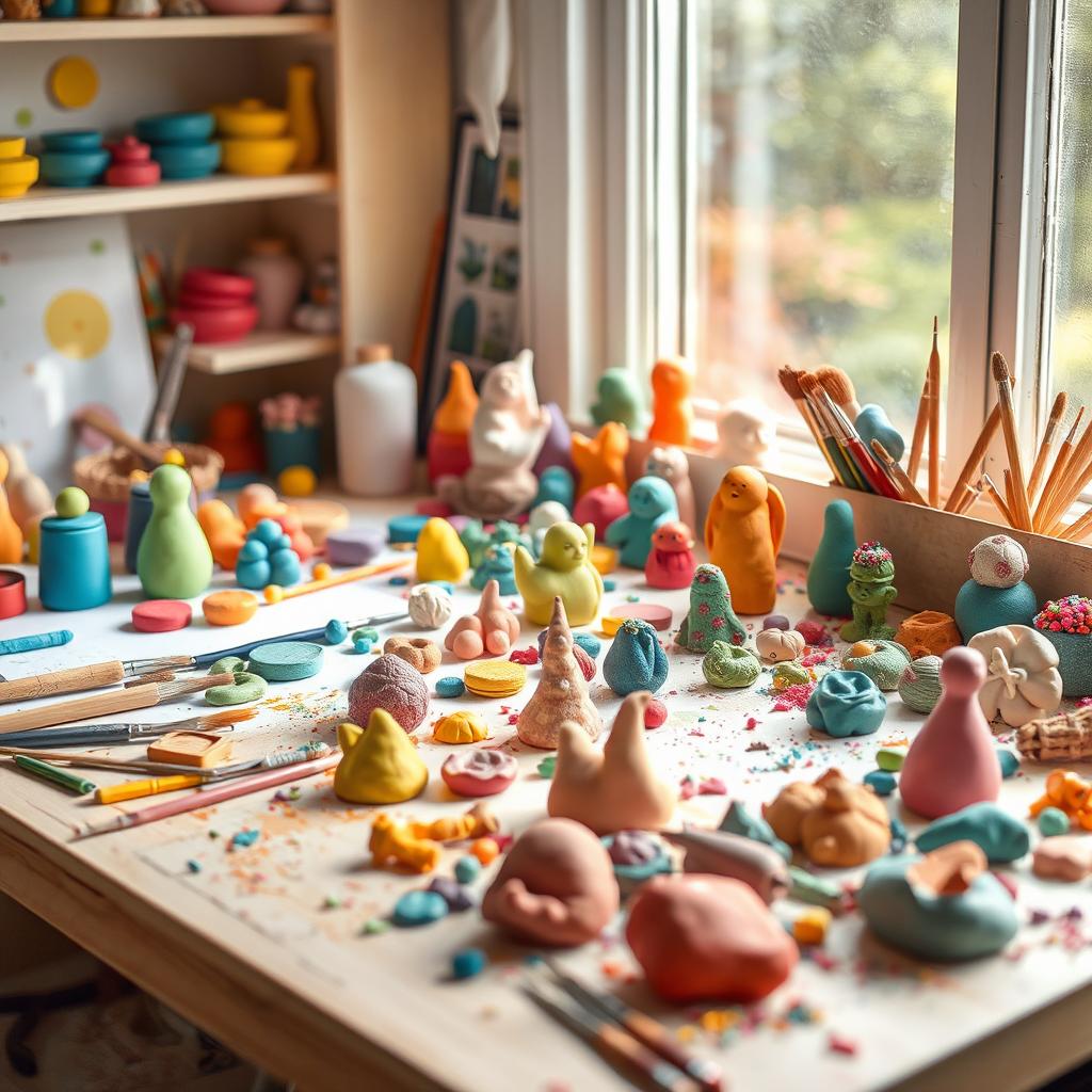 A creative workspace filled with colorful clay sculptures and handmade clay crafts