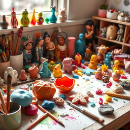 A creative workspace filled with colorful clay sculptures and handmade clay crafts