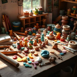 A beautifully arranged workspace featuring handmade clay crafts