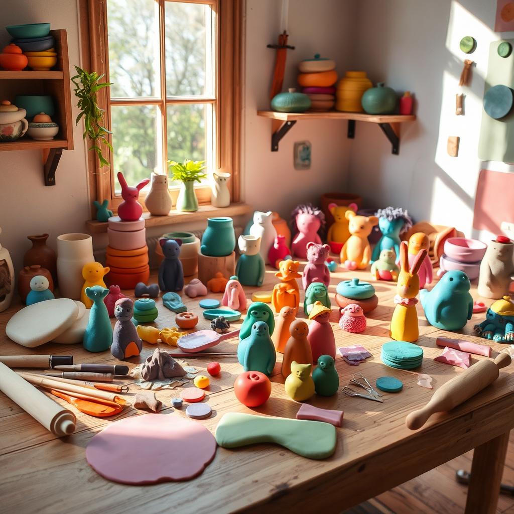 A beautifully arranged workspace featuring handmade clay crafts