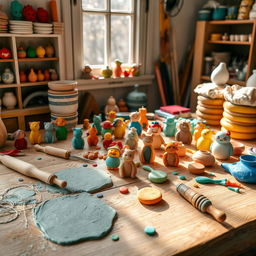A beautifully arranged workspace featuring handmade clay crafts