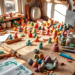 A beautifully arranged workspace featuring handmade clay crafts