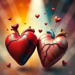 An artistic interpretation of 'Corações desalinhados' (misaligned hearts), featuring an abstract representation of hearts in various colors and patterns drifting apart from each other