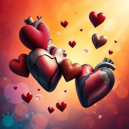 An artistic interpretation of 'Corações desalinhados' (misaligned hearts), featuring an abstract representation of hearts in various colors and patterns drifting apart from each other