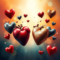 An artistic interpretation of 'Corações desalinhados' (misaligned hearts), featuring an abstract representation of hearts in various colors and patterns drifting apart from each other