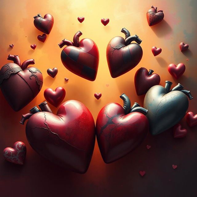 An artistic interpretation of 'Corações desalinhados' (misaligned hearts), featuring an abstract representation of hearts in various colors and patterns drifting apart from each other